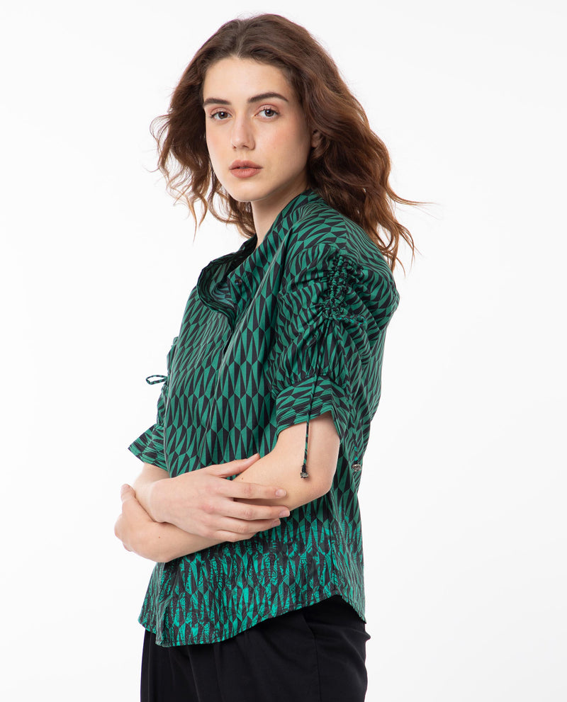 Rareism Women'S Tafel Green Cotton Fabric Short Sleeves Button Closure Mandarin Collar Regular Fit Geometric Print Top