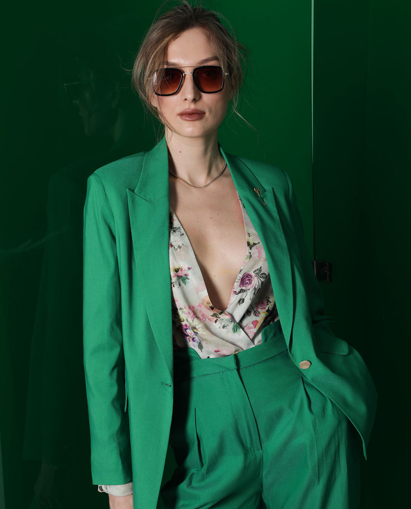 Rareism Women'S Ziva Green Polyester Fabric Full Sleeves Button Closure Lapel Neck Tailored Fit Plain Blazer