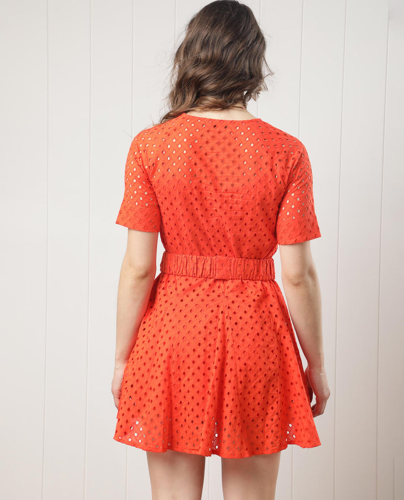 Rareism Women'S Bex Fluorescent Orange Cotton Fabric Short Sleeves Tie-Up Neck Regular Fit Schiffili Knee Length Empire Dress