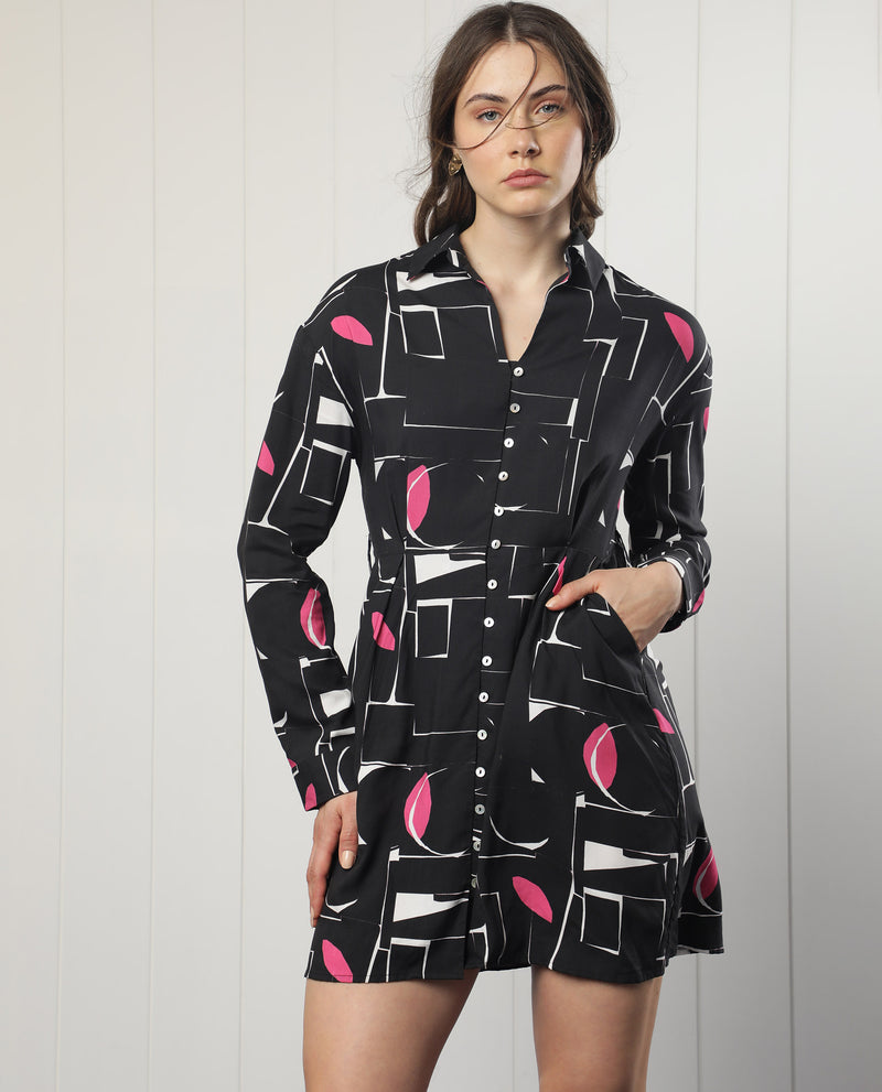 Rareism Women'S Ortiz Black Cotton Fabric Full Sleeves Button Closure Drop Collar Regular Fit Abstract Print Short Empire Dress