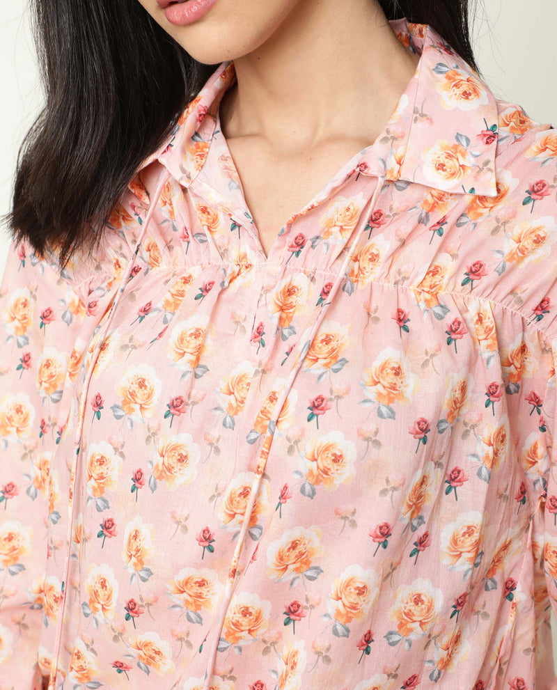 JOYCE- FLORAL PRINT FULL SLEEVE WOMEN'S COLLARED TOP - PINK