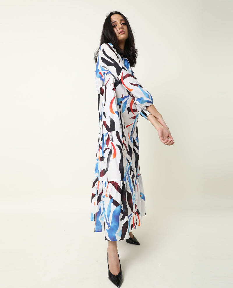 EUROPE- ABSTRACT PRINTED WOMEN'S THREE FOURTH SLEEVE DRESS - WHITE