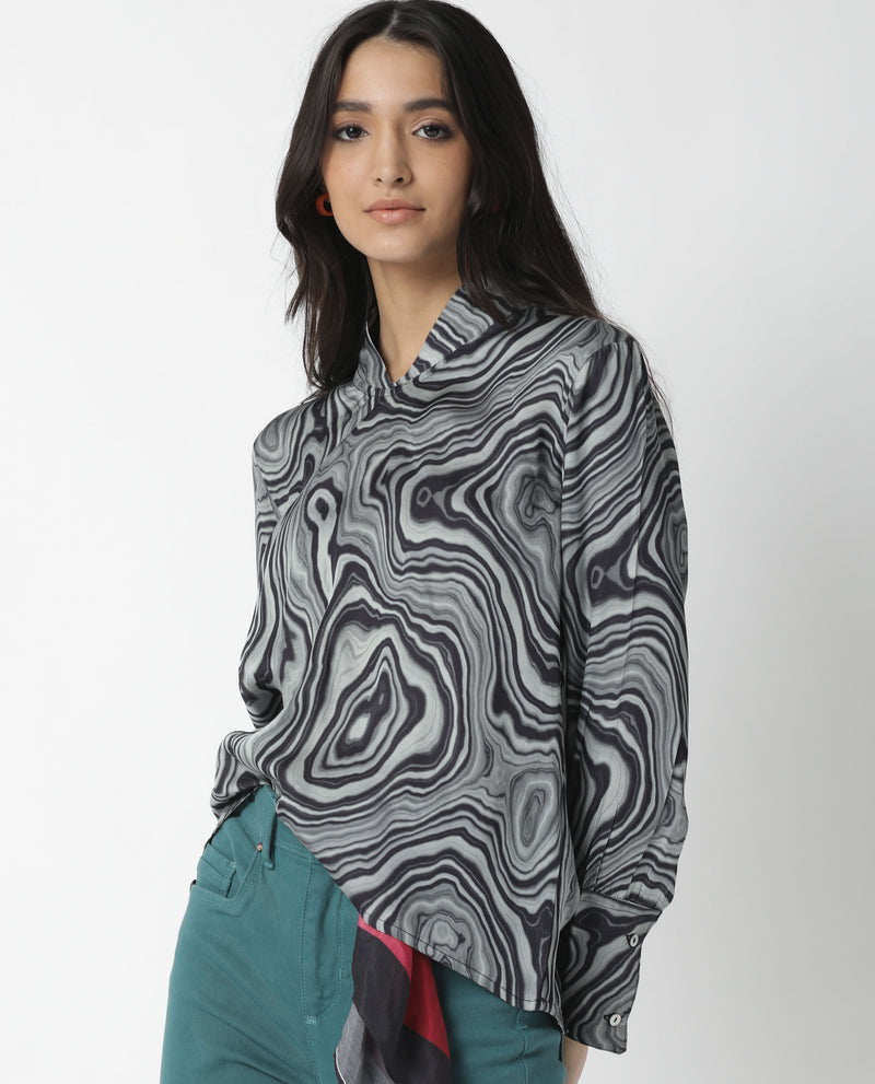 CAMP- ABSTRACT PRINTED SATIN FULL SLEEVE WOMEN'S TOP - BLACK