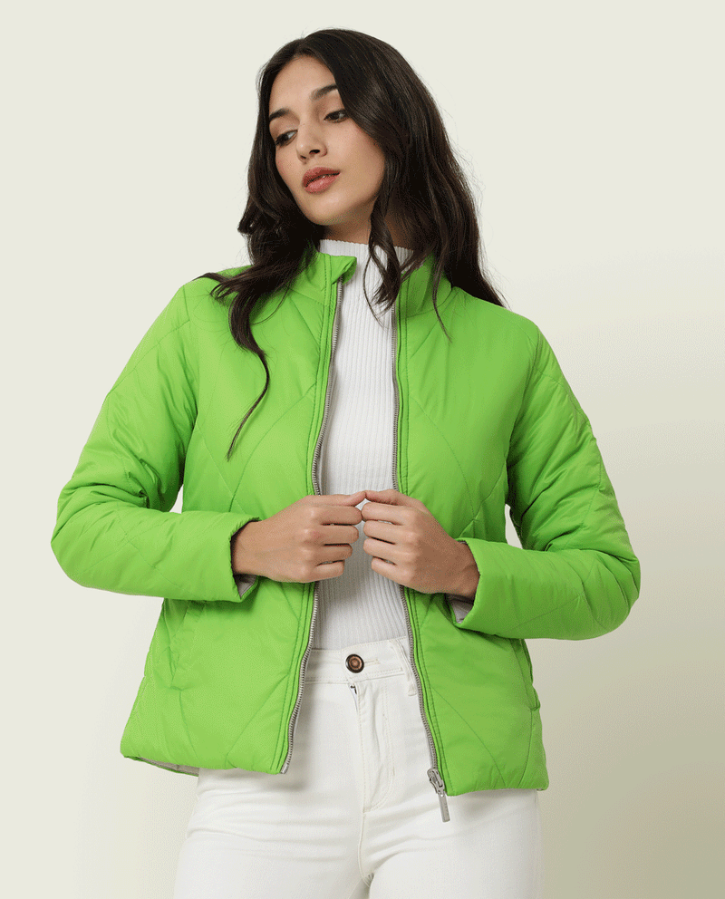 Rareism Women'S Cora Light Green Polyester Fabric Full Sleeves Solid High Neck Jacket