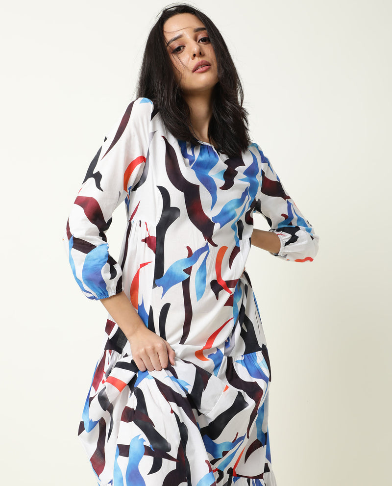 EUROPE- ABSTRACT PRINTED WOMEN'S THREE FOURTH SLEEVE DRESS - WHITE