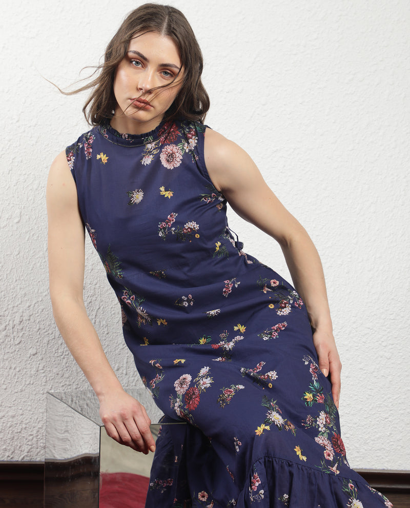 Rareism Women'S Jemma Navy Cotton Fabric Zip Closure High Neck Sleeveless Regular Fit Floral Print Maxi Dress