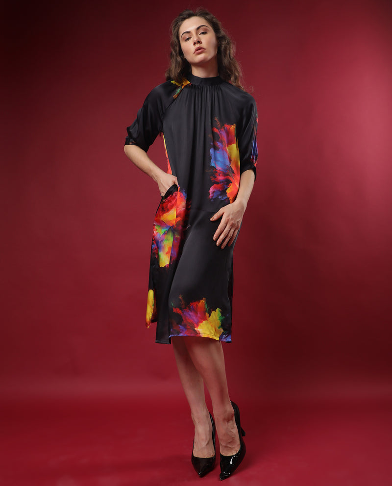 Rareism Women'S Jovi Black Floral Print High Neck Half Sleeves Back Button Closure With Pockets Knee Length Dress