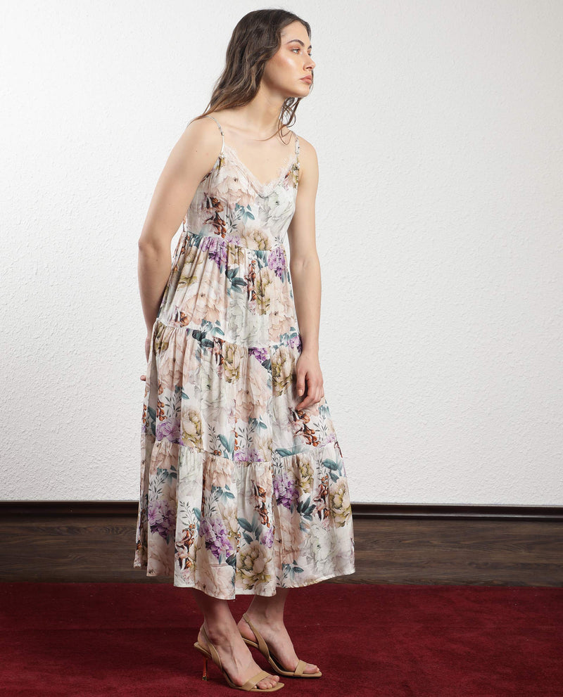 Rareism Women'S Joanna Multi Cotton Fabric Sleeveless V-Neck Shoulder Straps Regular Fit Floral Print Midi Tiered Dress