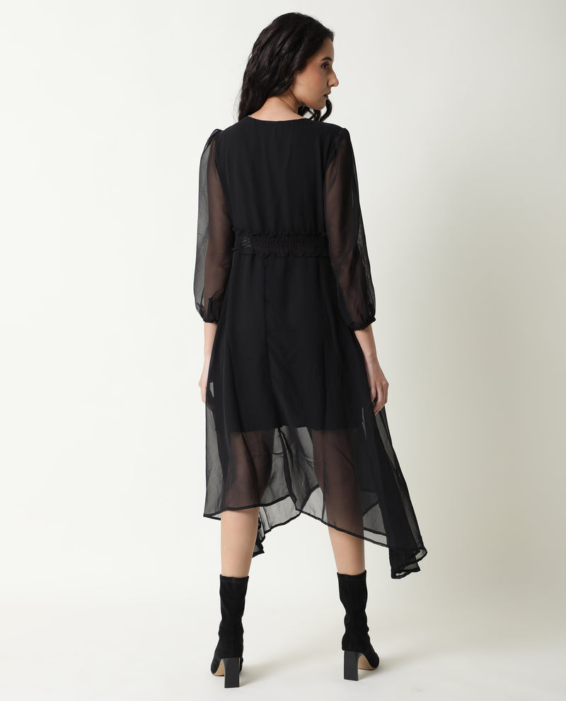 Rareism Women'S Ommet Black V Neck Criss Cross Tie Up Neckline Full Sleeve Smocked Waist Panel Asymmetric Knee Length Dress