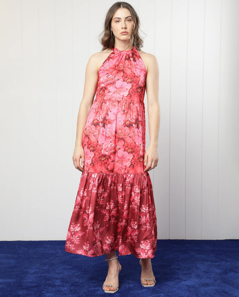 Rareism Women'S Amilio Maroon Polyester Fabric Halter Neck Sleeveless Regular Fit Floral Print Maxi Dress