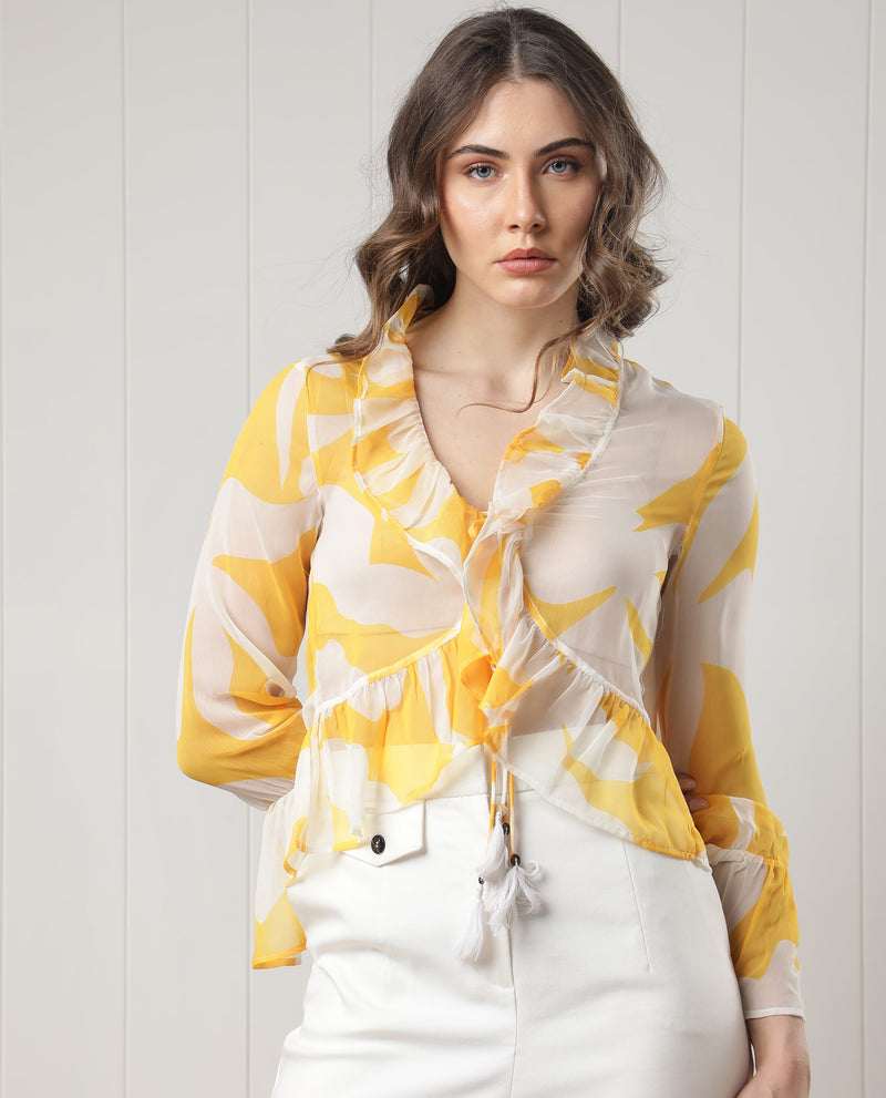 Rareism Women'S Simone White Polyester Fabric Full Sleeves Tie-Up Closure V-Neck Bell Sleeve Regular Fit Floral Print Shrug