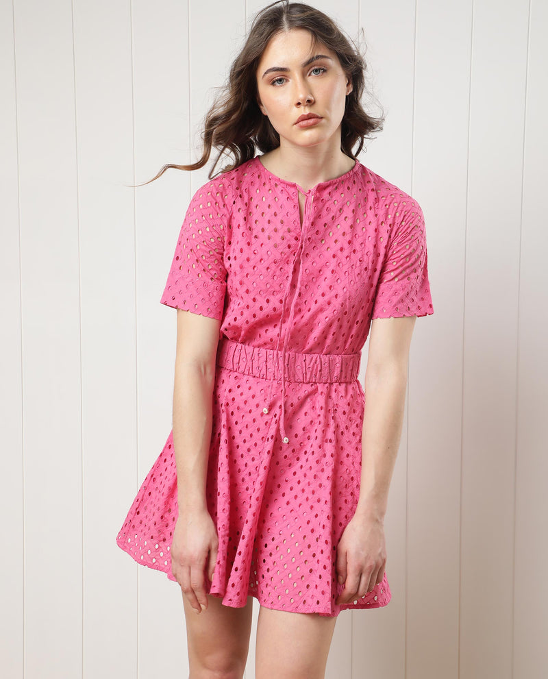Rareism Women'S Bex Fluorescent Pink Schiffli Round Tie Up Neck With Short Sleeves And Elastic Belt At Waist Mini Dress