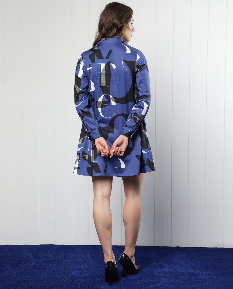 Rareism Women'S Macie Blue Cotton Fabric Full Sleeves Button Closure Mandarin Collar Regular Fit Graphic Print Knee Length Boxy Dress