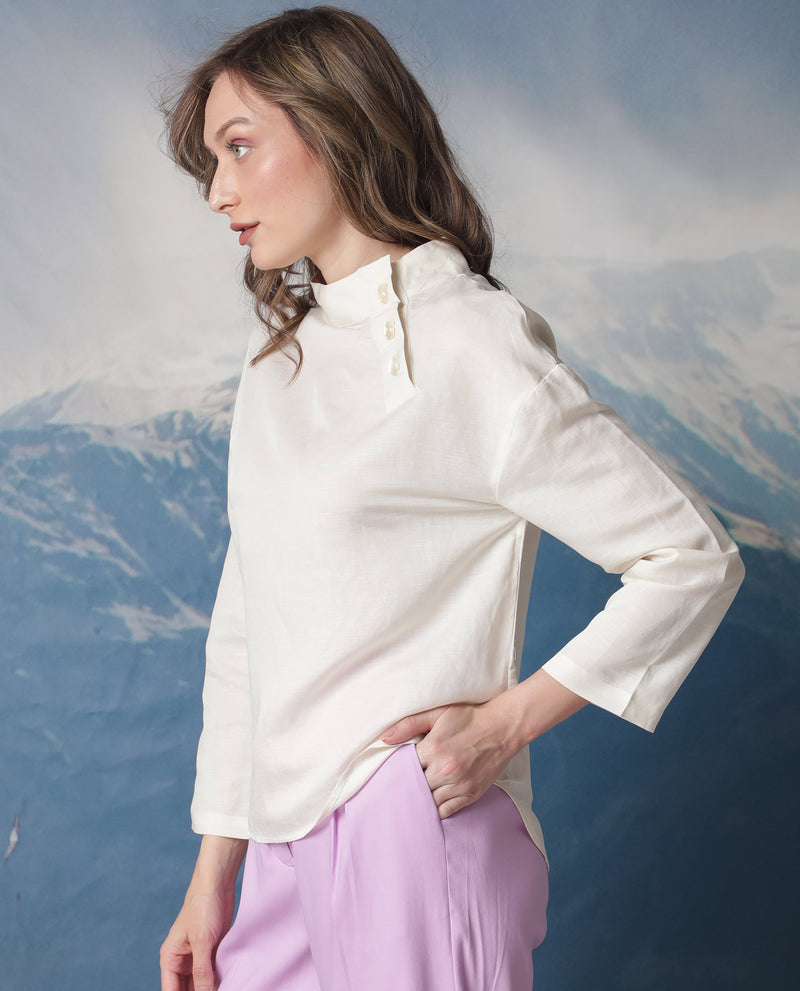 Rareism Women'S Gourmet Beige Modal Linen Fabric Full Sleeves Button Closure High Neck Relaxed Fit Plain Top