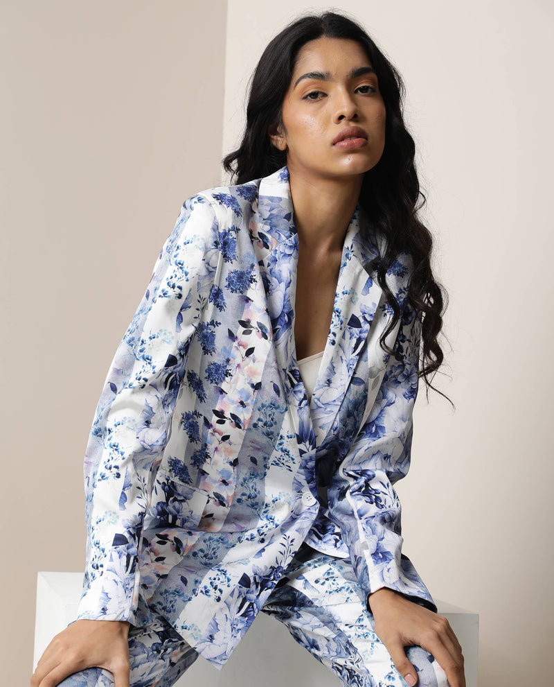 Rareism Women'S Shabella Light Blue Polyester Fabric Full Sleeves Button Closure Lapel Neck Tailored Fit Floral Print Blazer