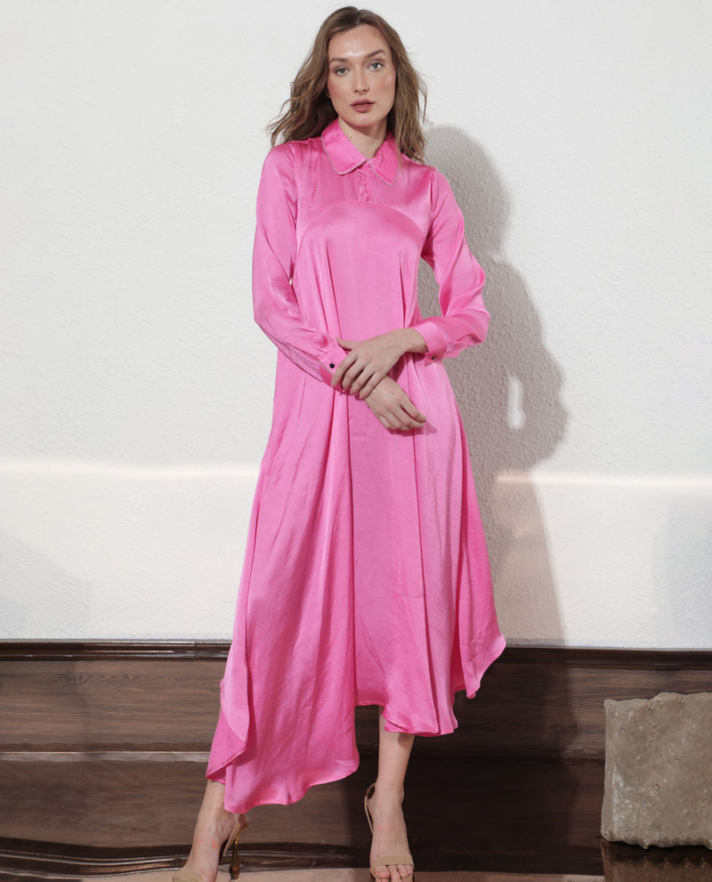 Rareism Women'S Galaxyy Fluorescent Pink Modal Fabric Full Sleeves Zip Closure Shirt Collar Regular Fit Plain Maxi Asymmetric Dress