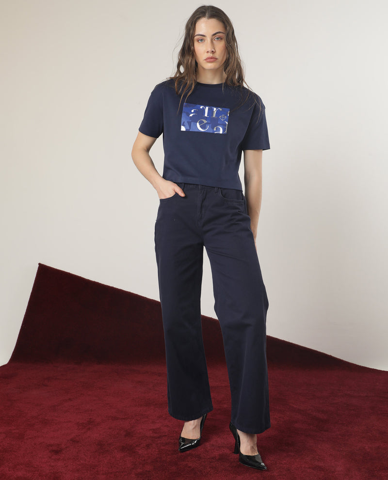 Rareism Women'S Iolet Blue Cotton Fabric Short Sleeves Crew Neck Regular Fit Graphic Print T-Shirt