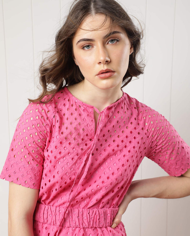 Rareism Women'S Bex Fluorescent Pink Schiffli Round Tie Up Neck With Short Sleeves And Elastic Belt At Waist Mini Dress