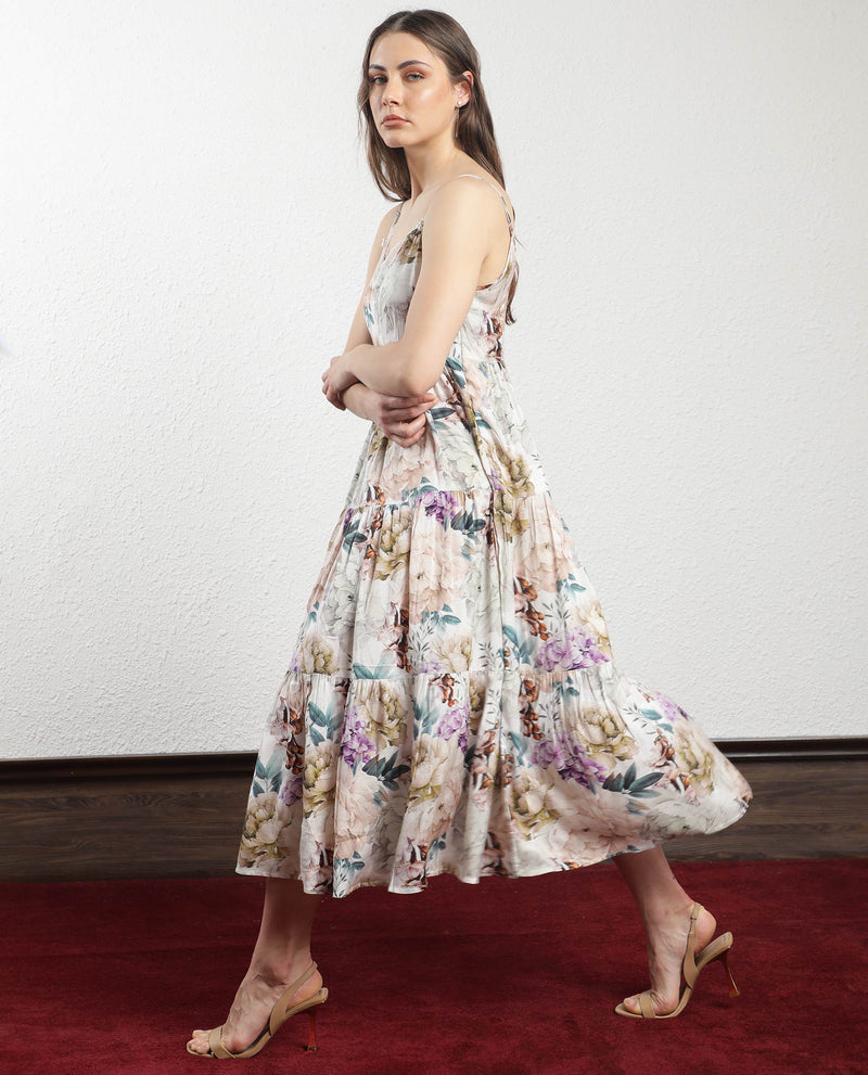 Rareism Women'S Joanna Multi Cotton Fabric Sleeveless V-Neck Shoulder Straps Regular Fit Floral Print Midi Tiered Dress