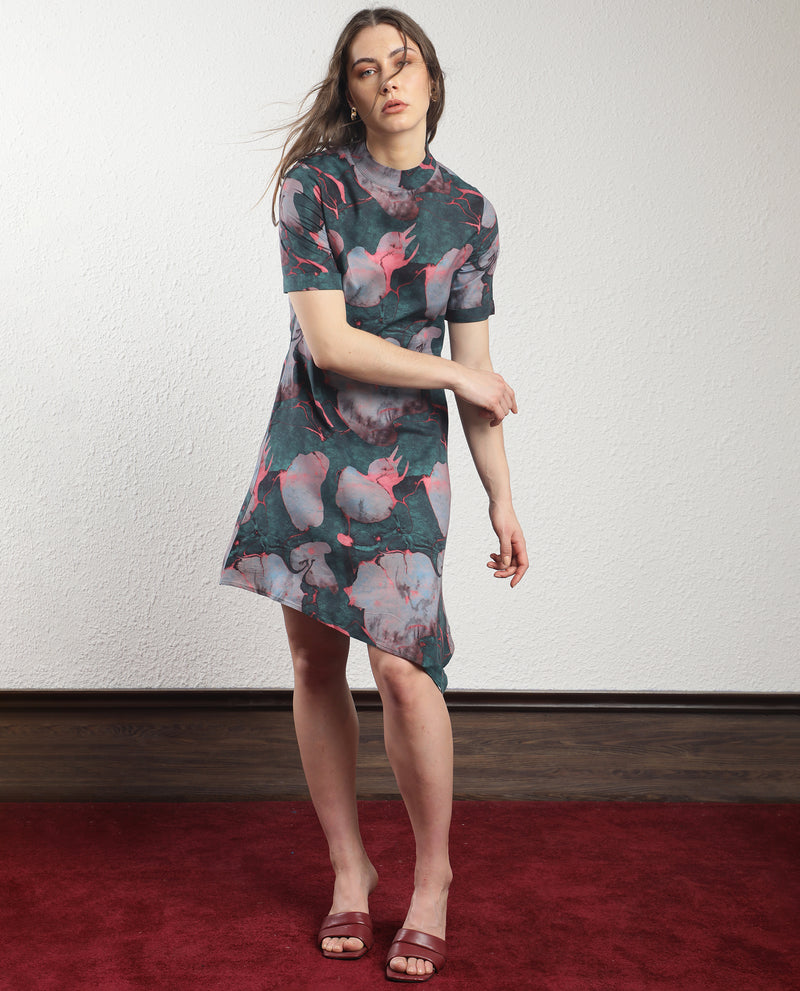 Rareism Women'S Calantha Multi Viscose Fabric Short Sleeves Zip Closure High Neck Regular Fit Floral Print Knee Length Asymmetric Dress