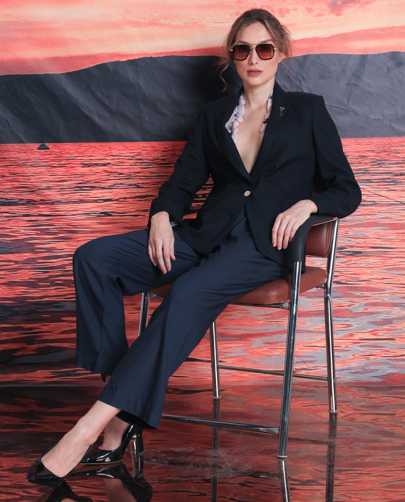 Rareism Women'S Ziva Dark Navy Full Sleeves Tailored Fit Solid Polyester Fabric Blazer