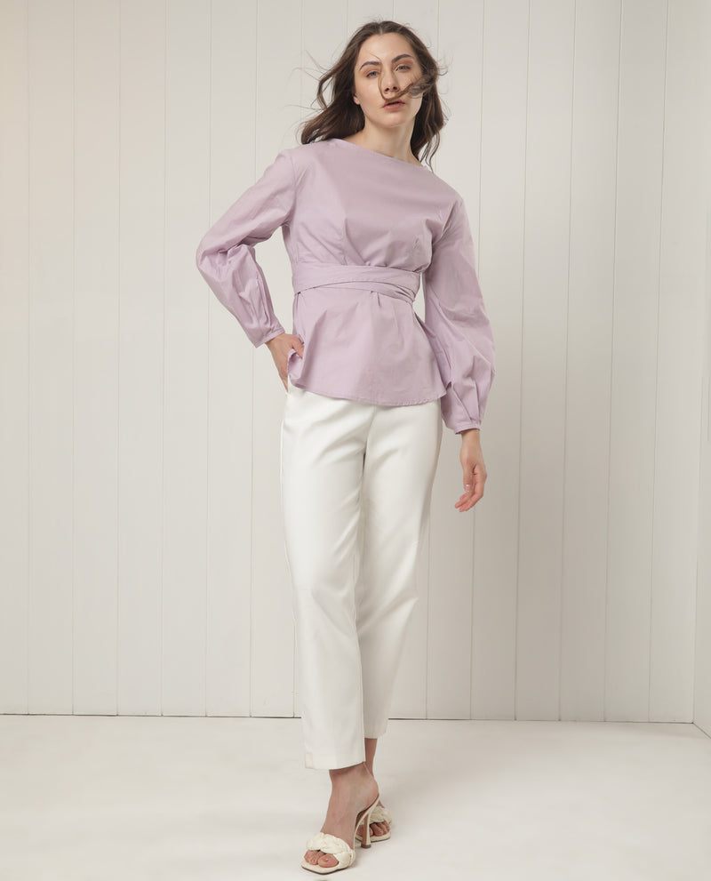 Rareism Women'S Tulipo Pastel Purple Cotton Fabric Full Sleeves Tie-Up Closure Boat Neck Regular Fit Plain Top