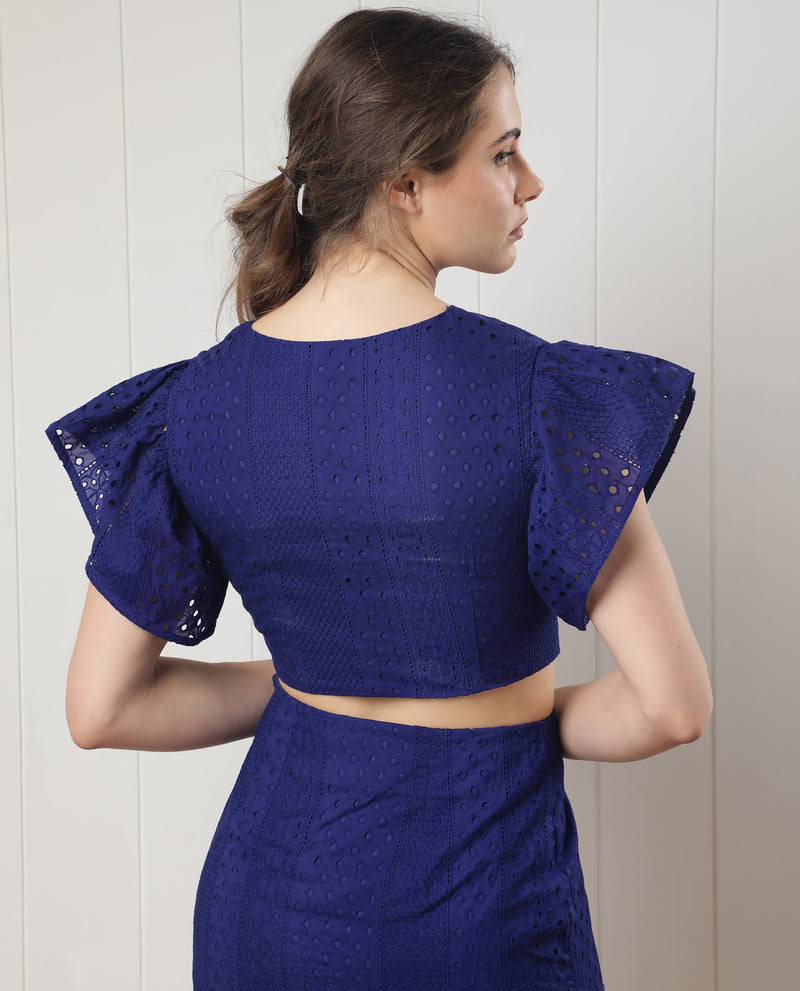 Rareism Women'S Marisa Flouroscent Blue Cotton Fabric Regular Fit Cropped V-Neck Half Sleeves Solid Top