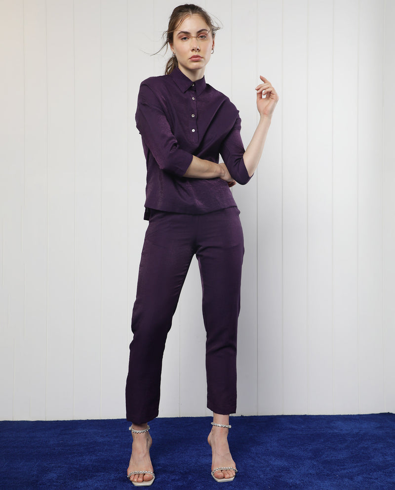 Rareism Women'S Unoo Dark Purple Polyester Fabric Tailored Fit Mid Rise Solid Ankle Length Trousers