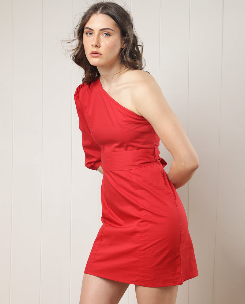 Rareism Women'S Floris Fluorescent Red Poly Lycra Fabric Off Shoulder Zip Closure One Shoulder Puff Sleeve Boxy Fit Plain Knee Length Dress