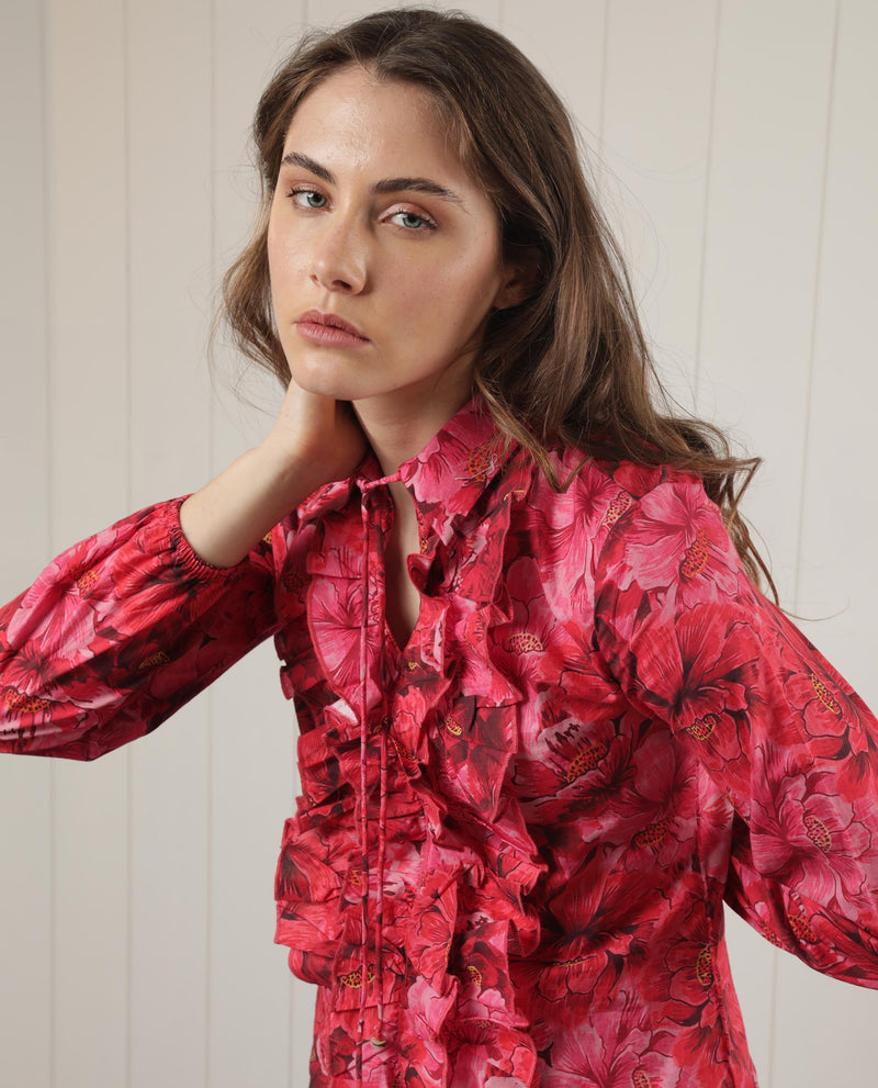 Rareism Women'S Orney Maroon Cotton Fabric Full Sleeves Button Closure Shirt Collar Volume Sleeve Regular Fit Floral Print Top