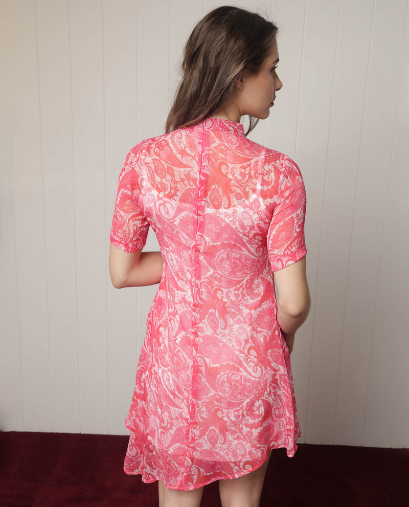 Rareism Women'S Beryl Pink Polyester Fabric Short Sleeves Zip Closure High Neck Regular Fit Abstract Print Knee Length Boxy Dress
