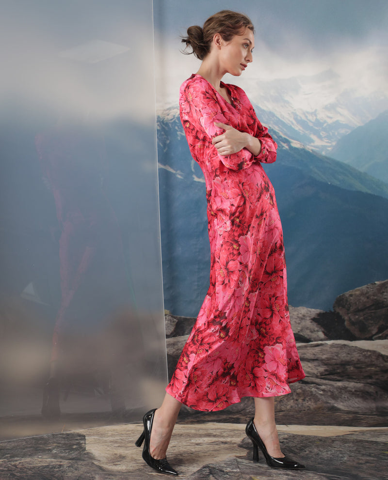 Rareism Women'S Merlot Maroon Cotton Fabric Full Sleeves V-Neck Regular Fit Floral Print Maxi Empire Dress