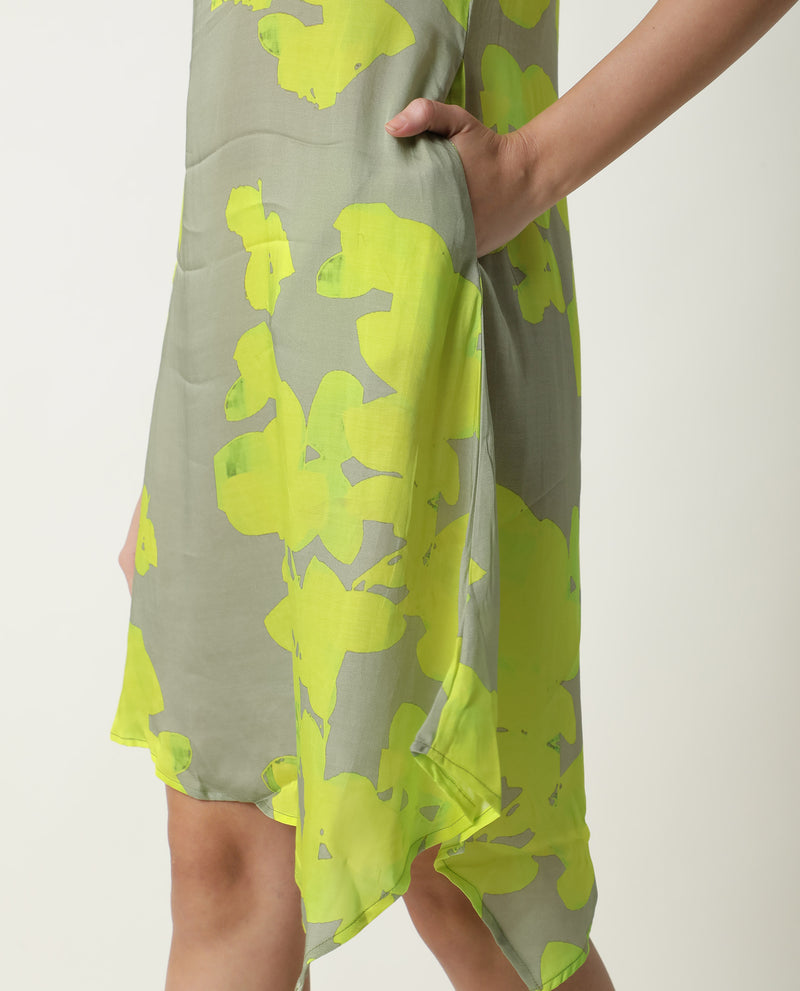 Rareism Women'S Sprite Yellow Floral Print Band Neck Short Sleeves With Pockets Asymmetric Hem Knee Length Dress
