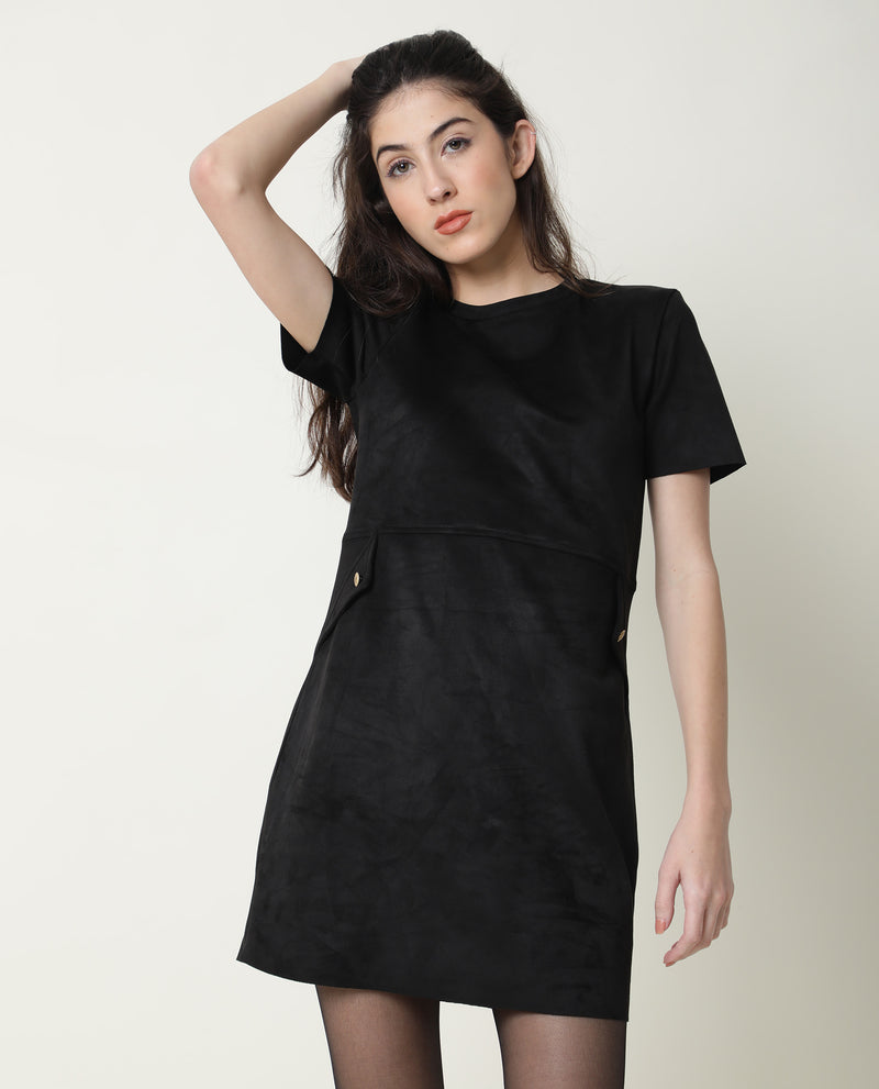 Rareism Women'S Sions Black Round Neck Short Sleeves Mini Dress