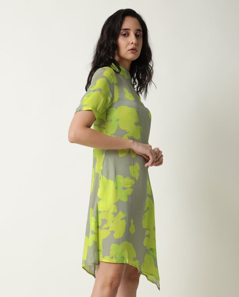 Rareism Women'S Sprite Yellow Floral Print Band Neck Short Sleeves With Pockets Asymmetric Hem Knee Length Dress