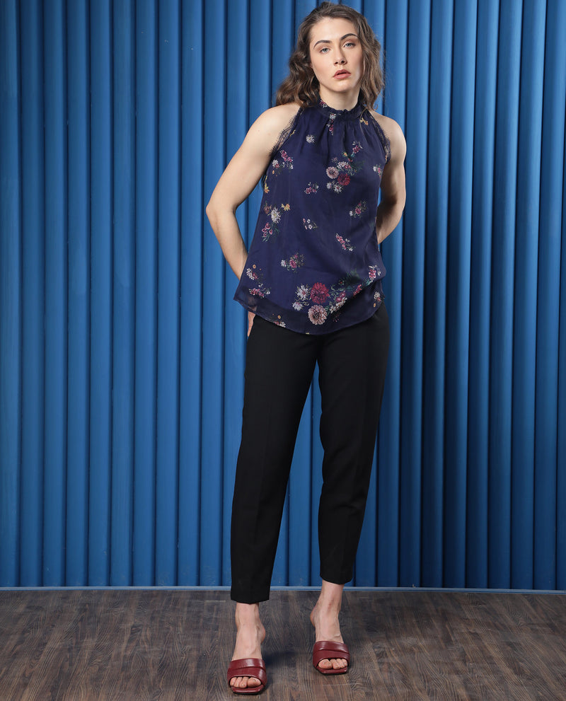 Rareism Women'S Delins Dark Blue Polyester Fabric Zip Closure High Neck Sleeveless Regular Fit Floral Print Top
