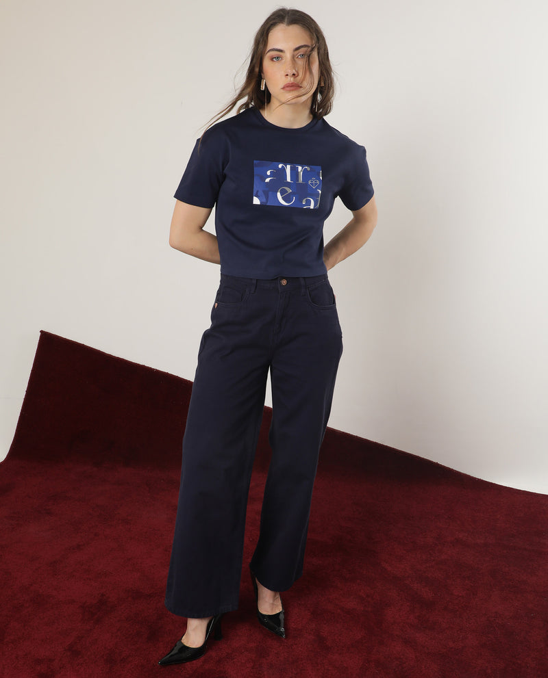 Rareism Women'S Iolet Blue Cotton Fabric Short Sleeves Crew Neck Regular Fit Graphic Print T-Shirt