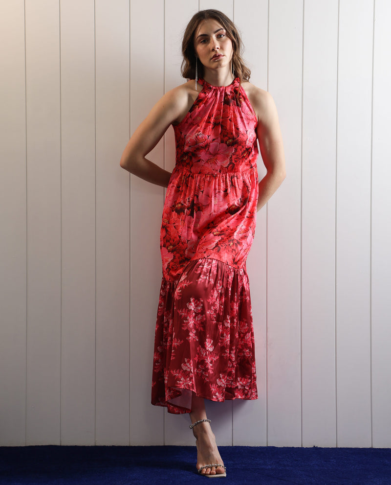Rareism Women'S Amilio Maroon Polyester Fabric Halter Neck Sleeveless Regular Fit Floral Print Maxi Dress