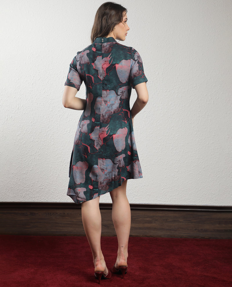Rareism Women'S Calantha Multi Viscose Fabric Short Sleeves Zip Closure High Neck Regular Fit Floral Print Knee Length Asymmetric Dress