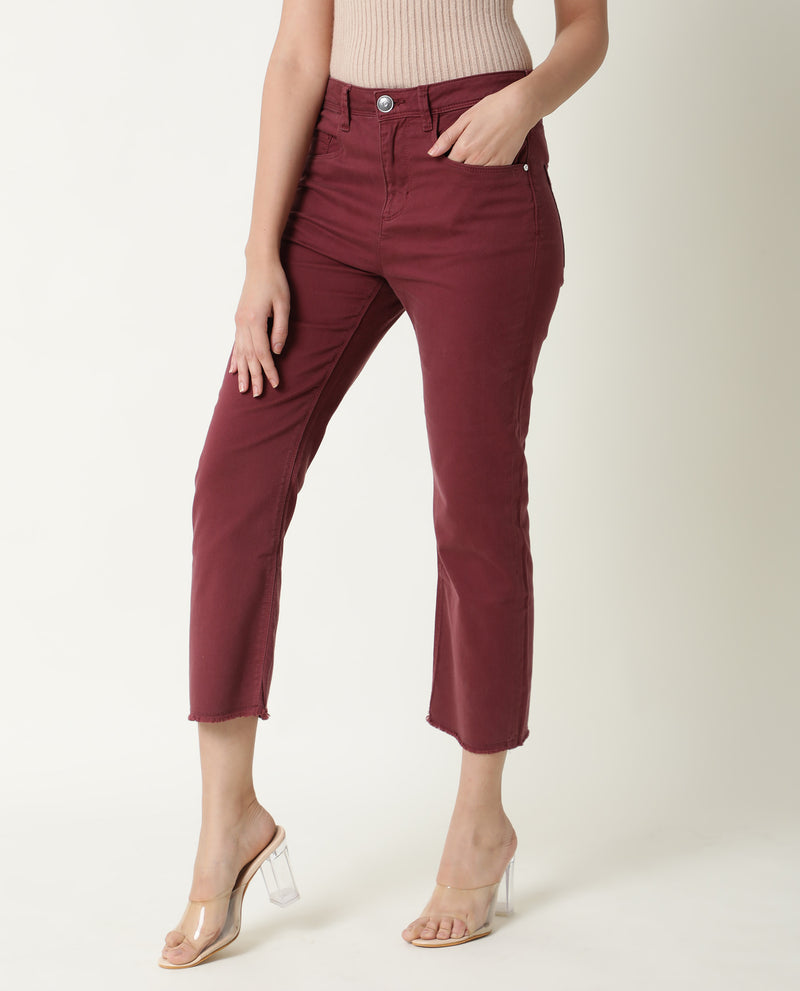 Rareism Women'S Admiral Maroon Cotton Lycra Fabric Mid Rise Solid Regular Fit Ankle Length Jeans