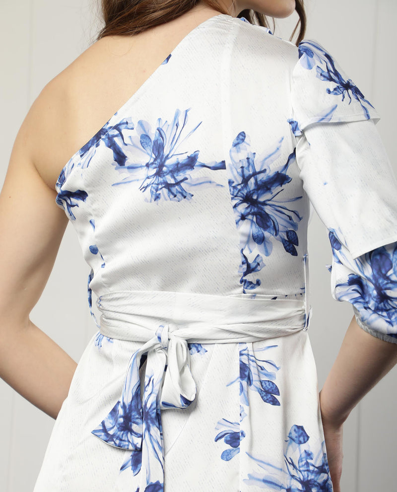 Rareism Women'S Winnie White Modal Fabric Off Shoulder Zip Closure One Shoulder Puff Sleeve Boxy Fit Floral Print Knee Length Dress