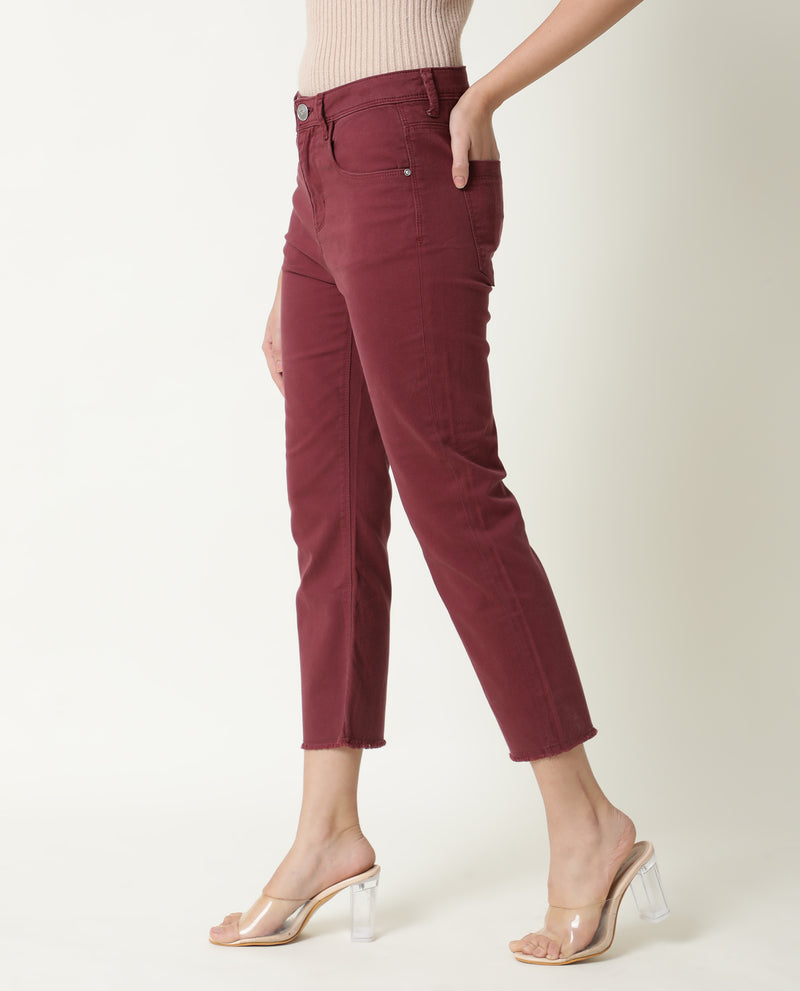 Rareism Women'S Admiral Maroon Cotton Lycra Fabric Mid Rise Solid Regular Fit Ankle Length Jeans