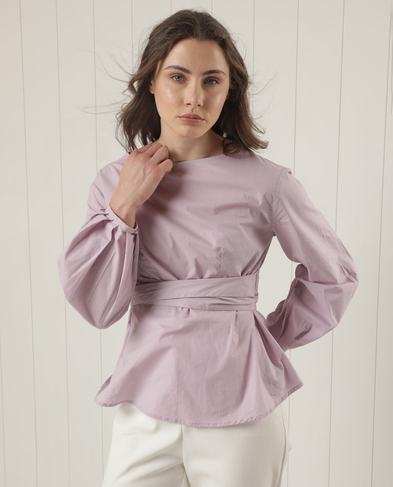 Rareism Women'S Tulipo Pastel Purple Cotton Fabric Full Sleeves Tie-Up Closure Boat Neck Regular Fit Plain Top