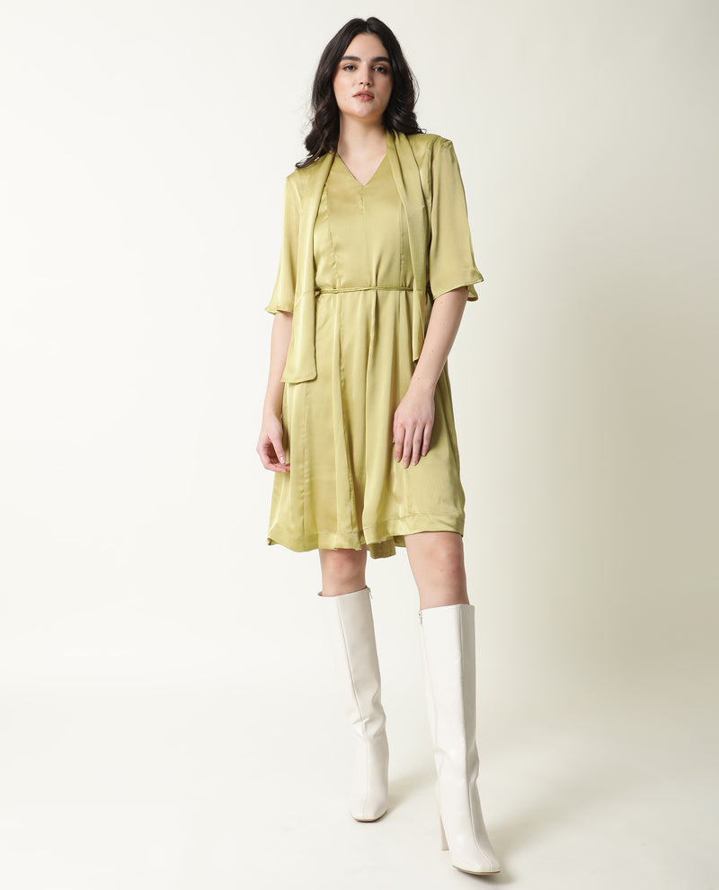 Rareism Women'S Skrill Green V Neck With Tie Up Flared Sleeves Mini Dress