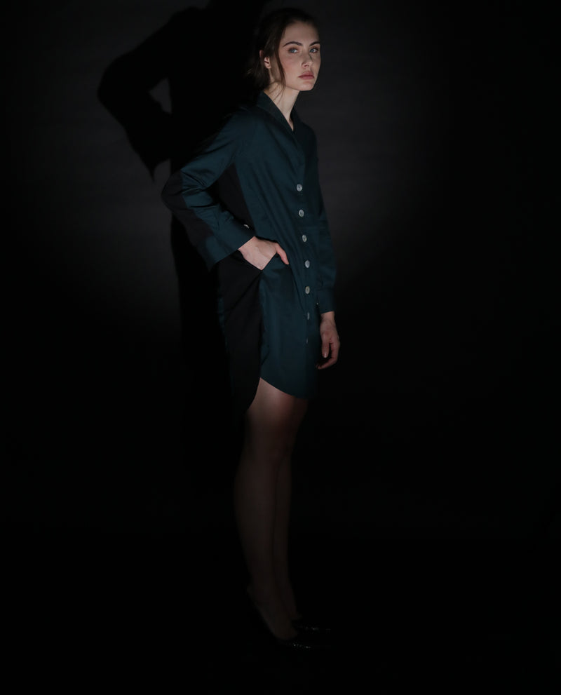 Rareism Women'S Tally Petrol Overlap Lapel Collar Full Sleeves Front Button Placket Pocket Asymmetrical Knee Length Dress