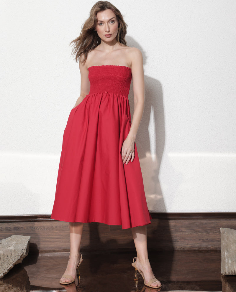 Rareism Women'S Zozo Red Off Shoulder With Detachable Shoulder Straps And Pockets Smocked Midi Dress
