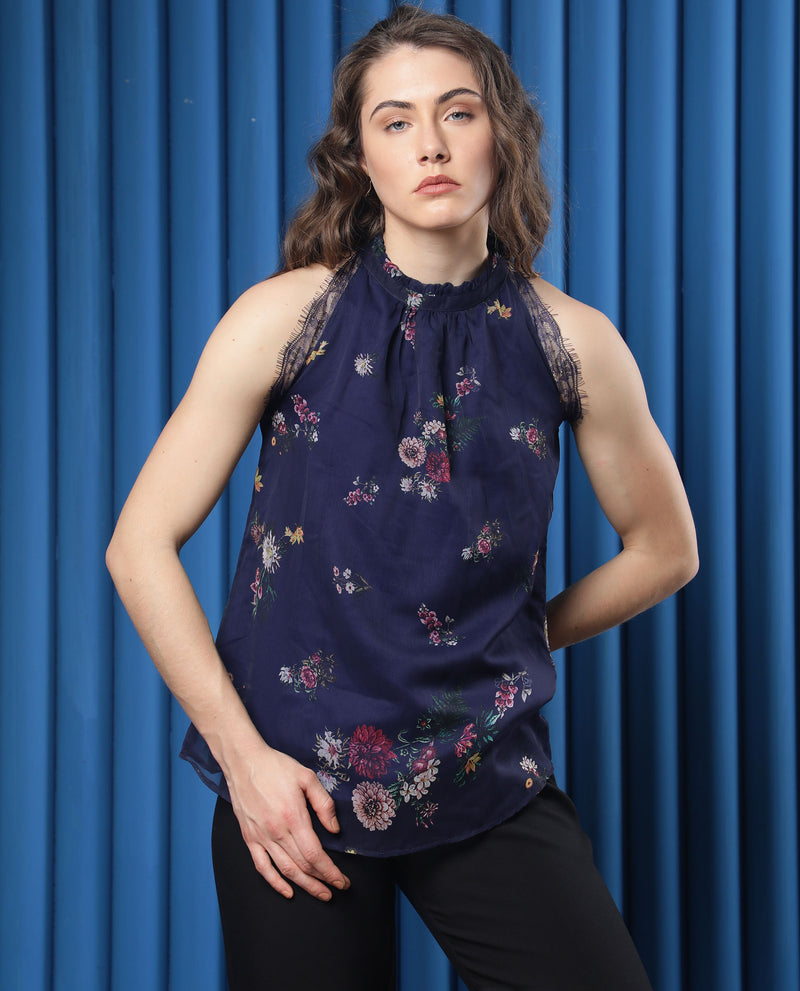 Rareism Women'S Delins Dark Blue Polyester Fabric Zip Closure High Neck Sleeveless Regular Fit Floral Print Top