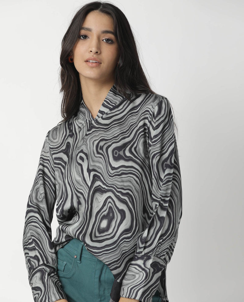 CAMP- ABSTRACT PRINTED SATIN FULL SLEEVE WOMEN'S TOP - BLACK