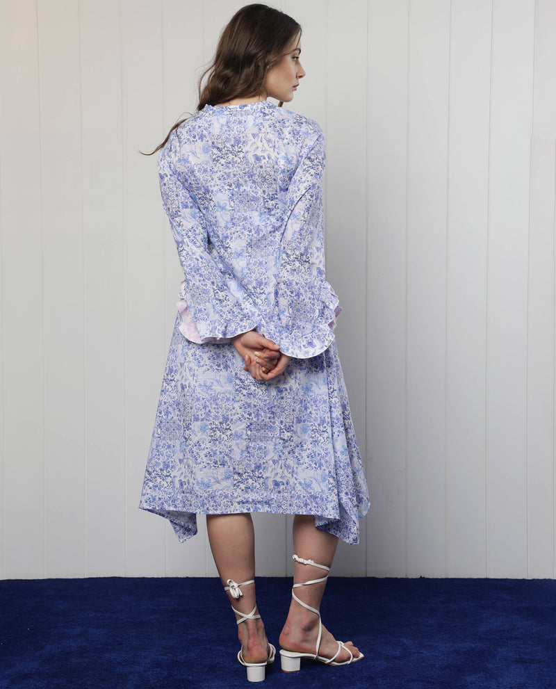 Rareism Women'S Cherish Blue Cotton Fabric 3/4Th Sleeves V-Neck Regular Fit Floral Print Knee Length Asymmetric Dress