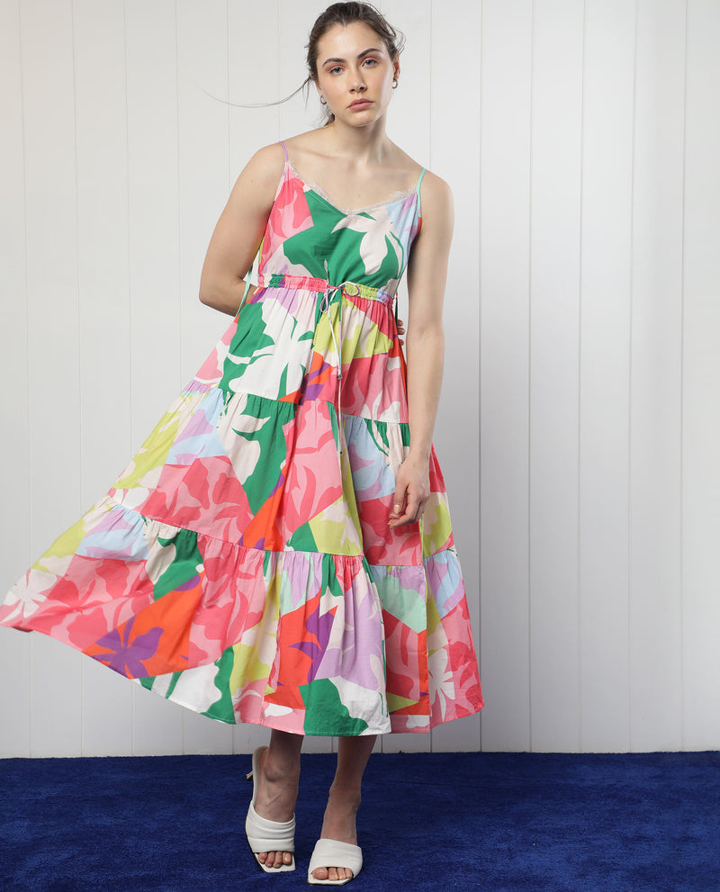 Rareism Women'S Grace Multi Cotton Fabric Sleeveless V-Neck Shoulder Straps Regular Fit Floral Print Knee Length Tiered Dress